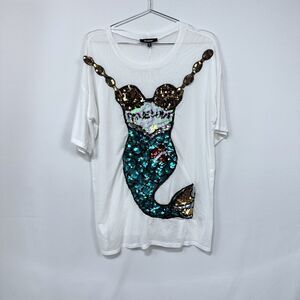 Boutique Pool/Beach Coverup Mermaid Mesh Sequins Round Neck True Love White